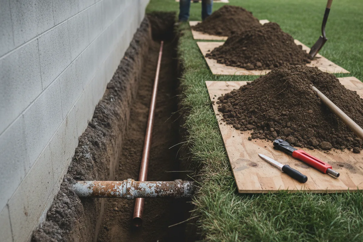 Excavated water line trench during Water Softener Installation in Foster
